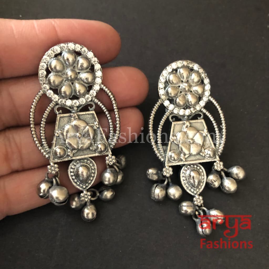 CZ Oxidized Silver Tribal Chandbali / German Ethnic Earrings