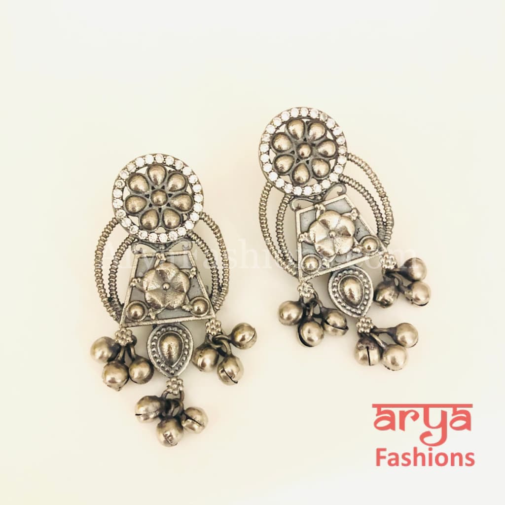 CZ Oxidized Silver Tribal Chandbali / German Ethnic Earrings