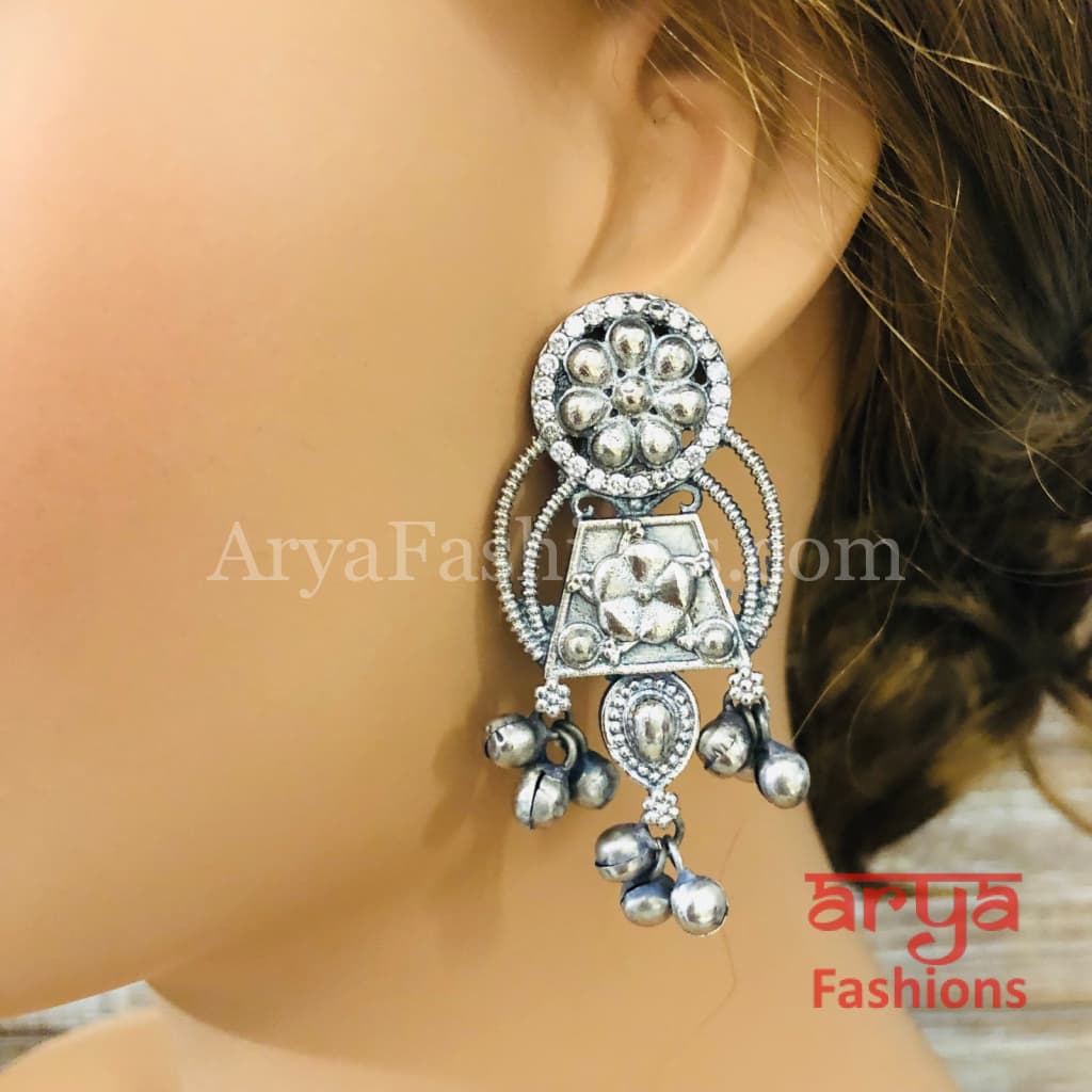 CZ Oxidized Silver Tribal Chandbali / German Ethnic Earrings