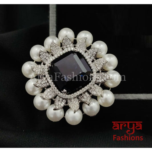Designer Black Pink Blue Cubic Zirconia Moissanite Statement Ring