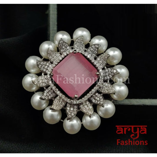 Designer Black Pink Blue Cubic Zirconia Moissanite Statement Ring