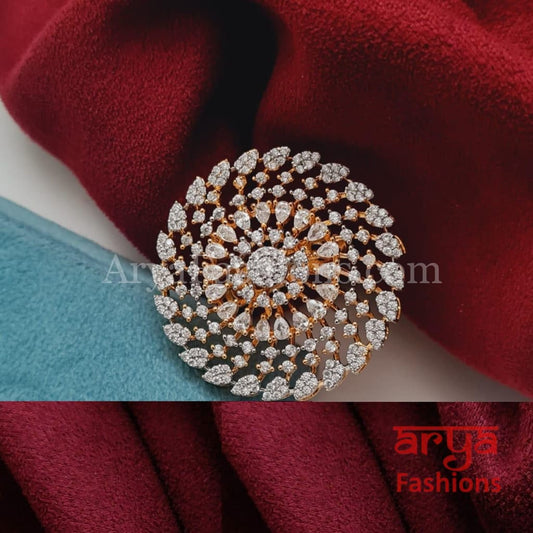 Designer Cubic Zirconia Cocktail Ring in Silver and Gold feature