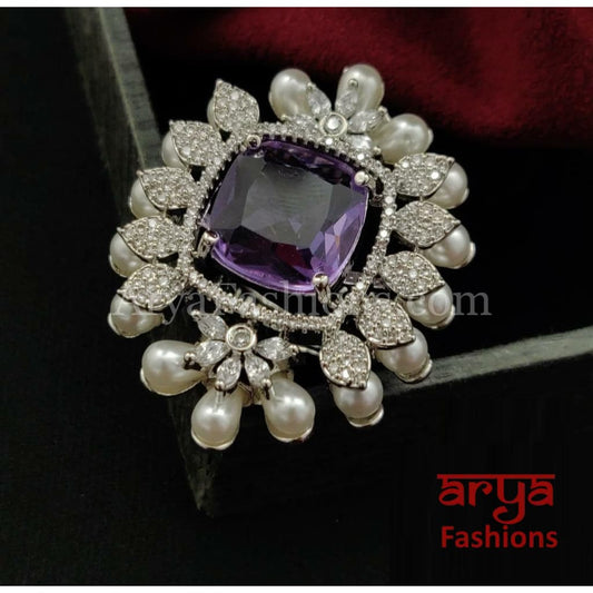 Designer Purple Yellow Cubic Zirconia Moissanite Statement Ring