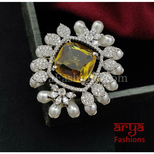 Designer Purple Yellow Cubic Zirconia Moissanite Statement Ring