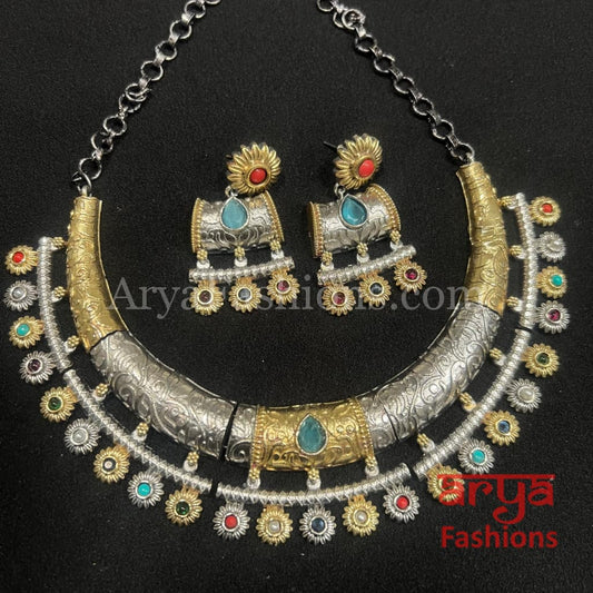 Dual Tone Oxidized Silver Tribal Hasli Necklace