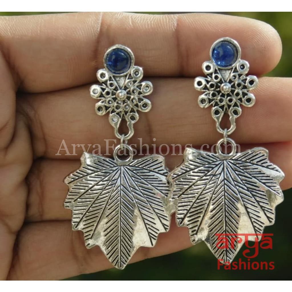 Dual Tone Silver Oxidized Ethnic Earrings with Green/Orange/Red/Blue stones