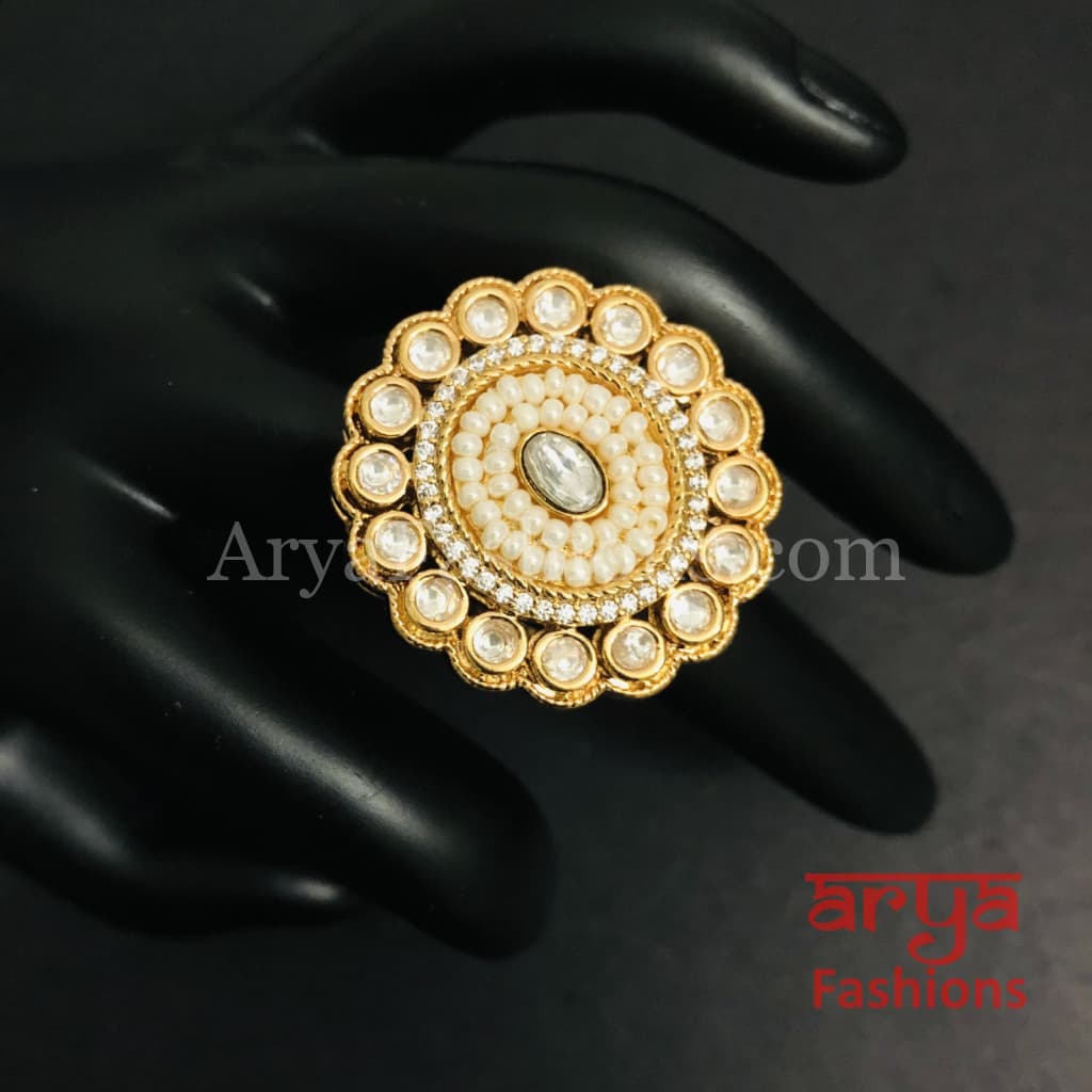 Esha Pearl Kundan Jadau CZ Round Ring