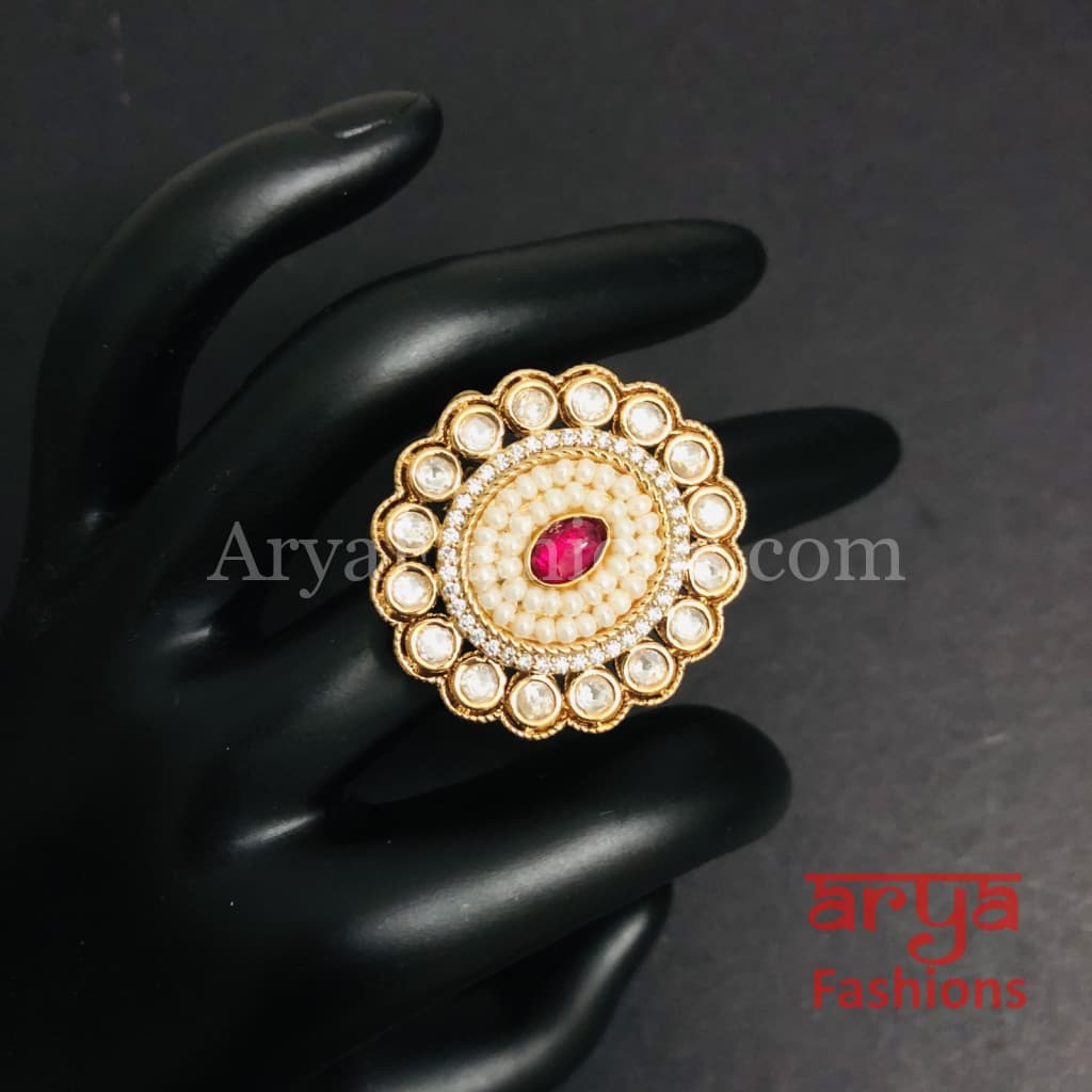 Esha Pearl Kundan Jadau CZ Round Ring