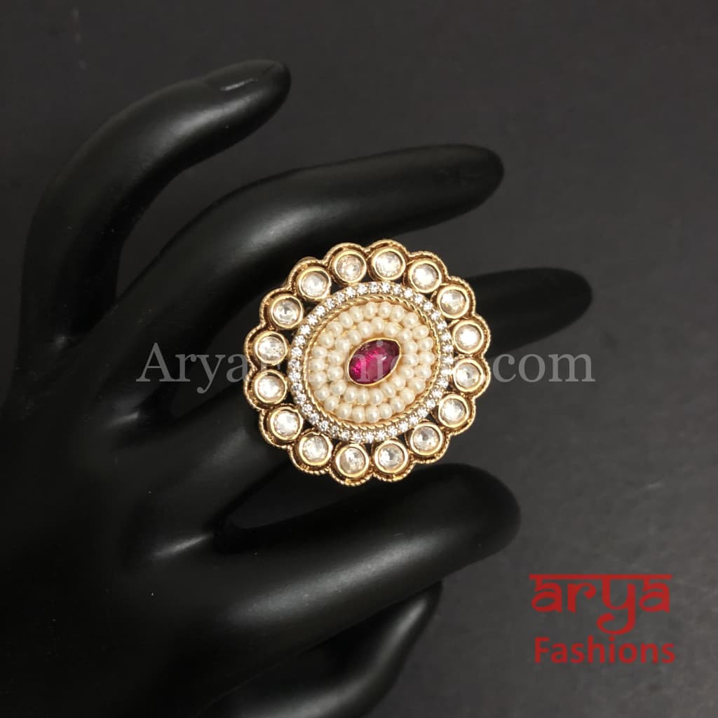 Esha Pearl Kundan Jadau CZ Round Ring