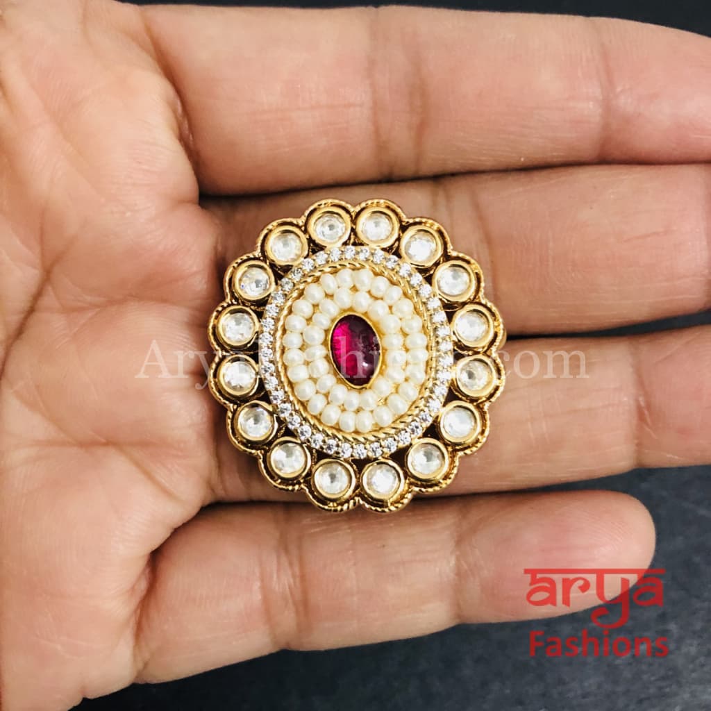 Esha Pearl Kundan Jadau CZ Round Ring