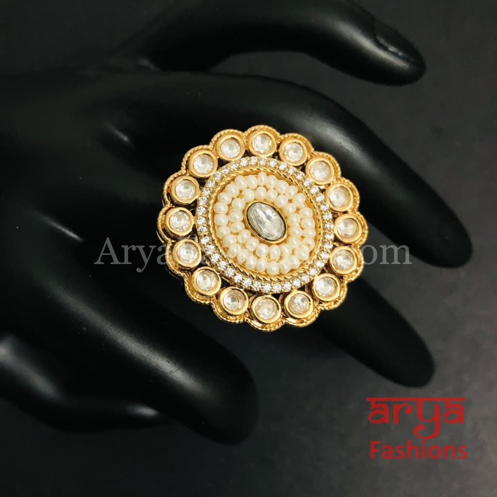 Esha Pearl Kundan Jadau CZ Round Ring