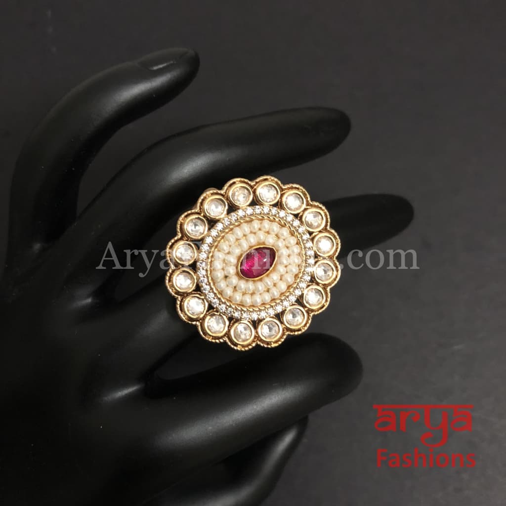 Esha Pearl Kundan Jadau CZ Round Ring
