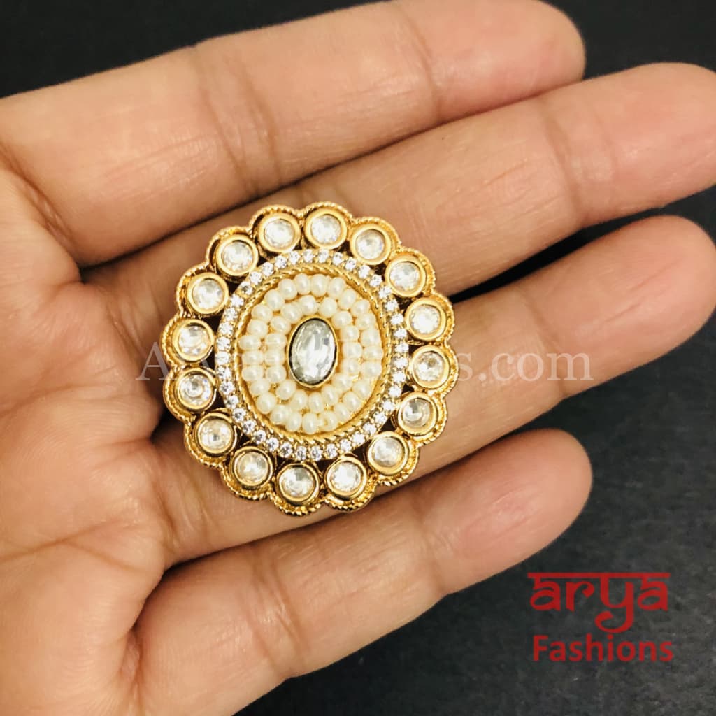 Esha Pearl Kundan Jadau CZ Round Ring