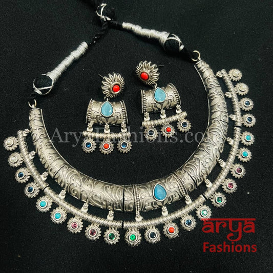 Ethnic Oxidized Silver Tribal Hasli Necklace