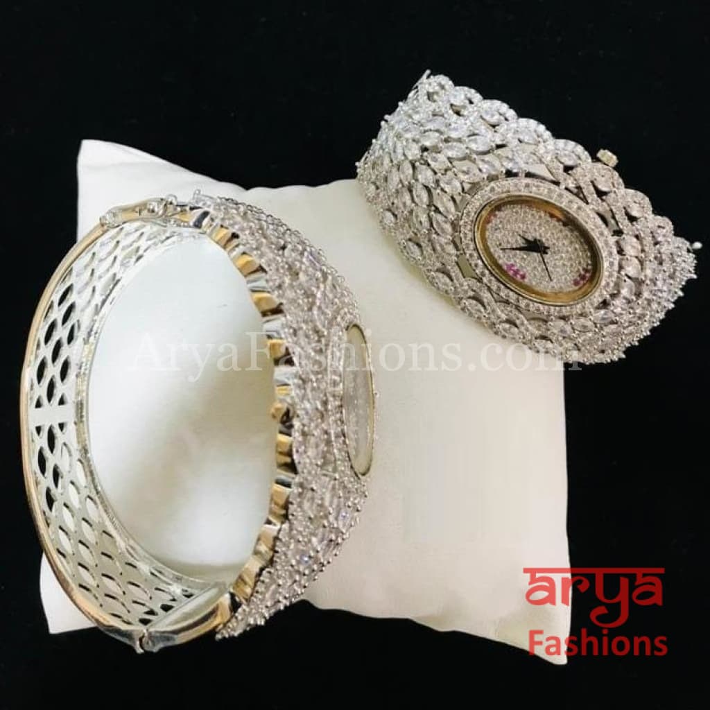 Golden CZ Designer Ladies Watch/ Rose Gold Silver Bridal Stone Female Wrist Hip