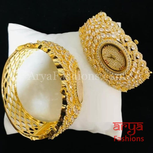 Golden CZ Designer Ladies Watch/ Rose Gold Silver Bridal Stone Female Wrist Hip