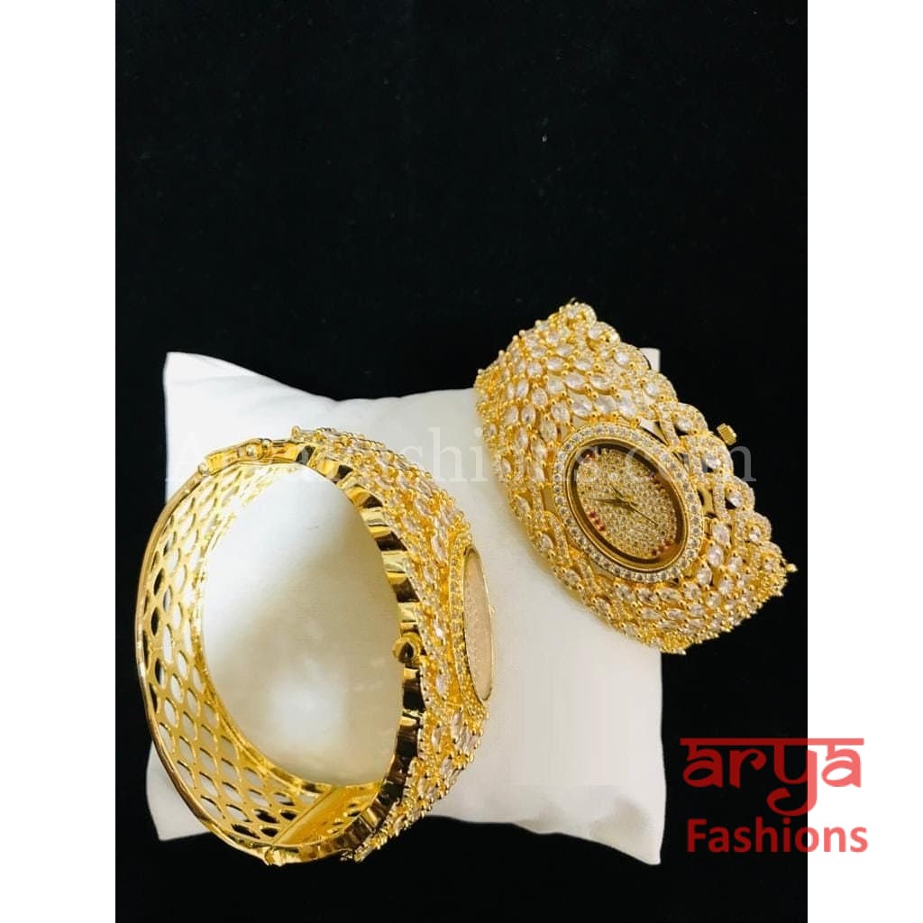 Golden CZ Designer Ladies Watch/ Rose Gold Silver Bridal Stone Female Wrist Hip