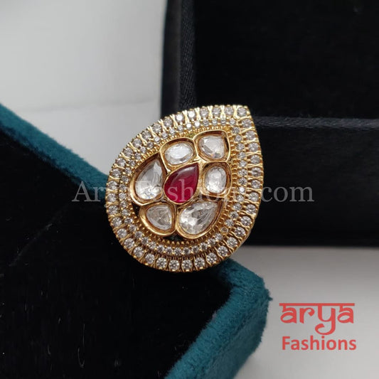 Golden Jadau Adjustable Kundan Ring with CZ Stones