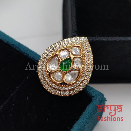 Golden Jadau Adjustable Kundan Ring with CZ Stones