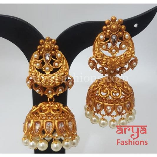 Golden Big Jhumka Earring with golden and Pearl beads