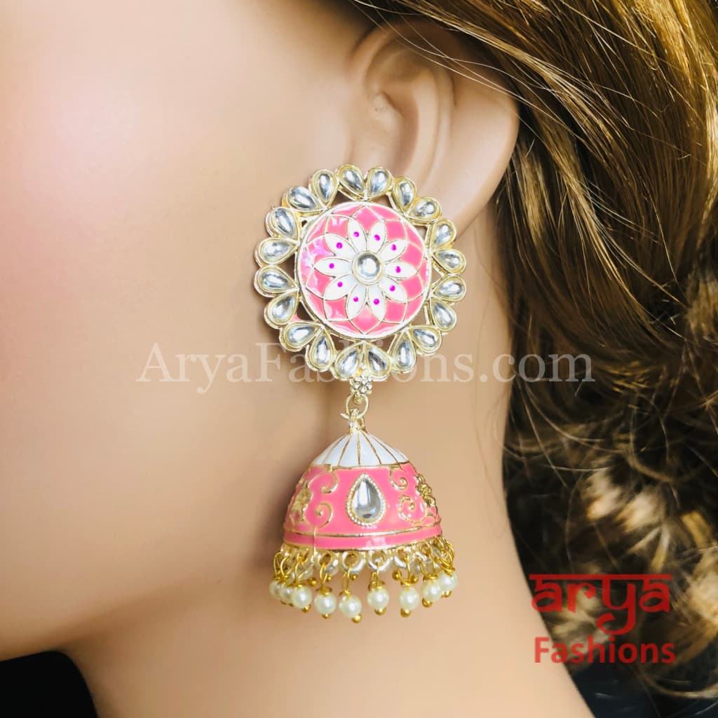 Golden Meenakari Jhumka Earrings