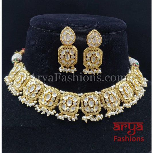 Golden Pacchi Kundan Pearl Choker Necklace with Stud Earrings