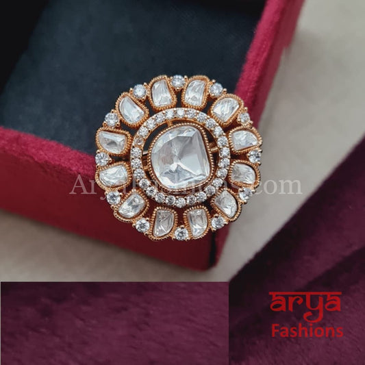 Golden Round Kundan Ring with CZ Stones