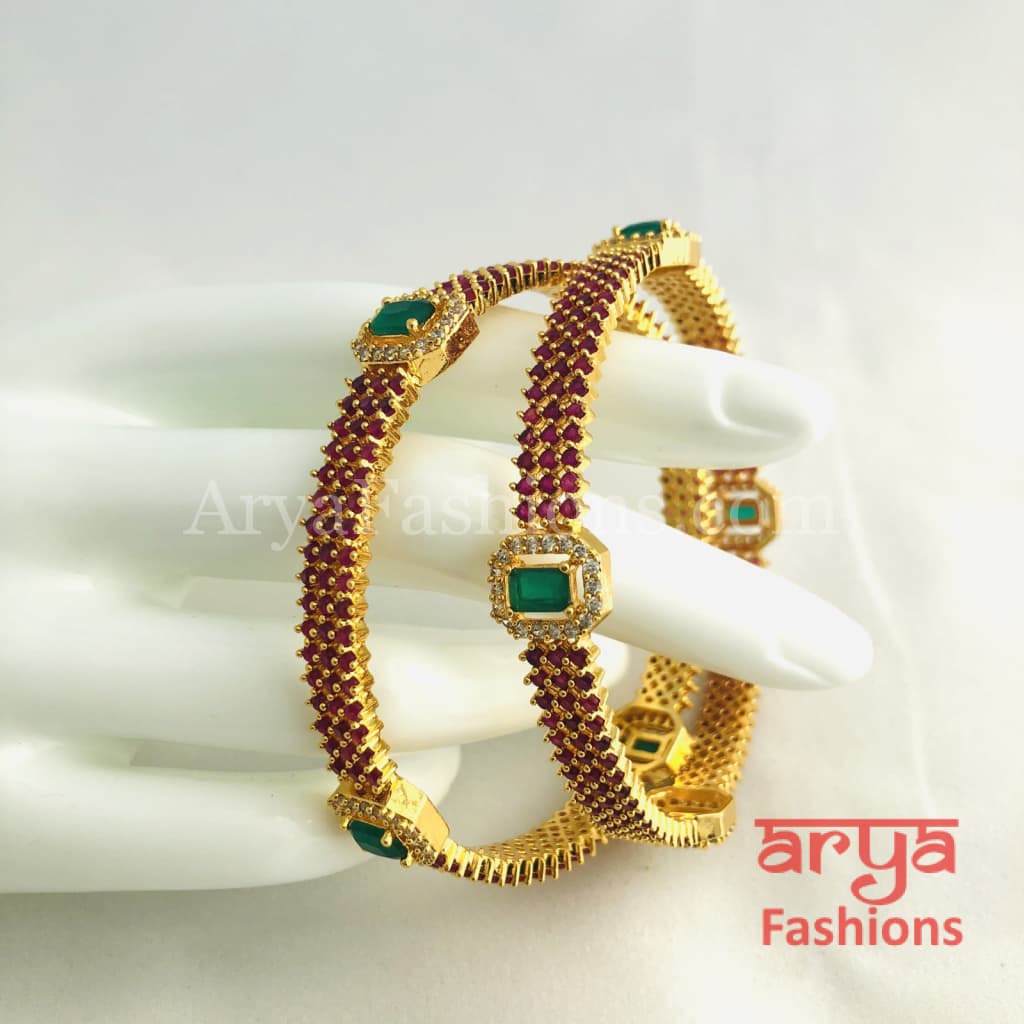 Golden Ruby Emerald Handcrafted Kada Bangles with CZ Stones 2.4,2.6,2.8
