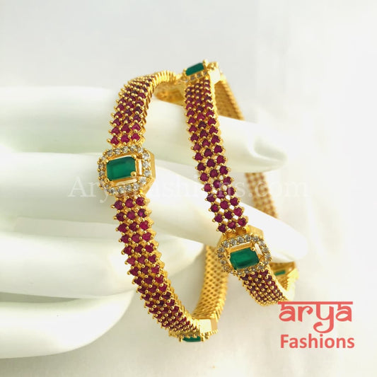 Golden Ruby Emerald Handcrafted Kada Bangles with CZ Stones 2.4,2.6,2.8