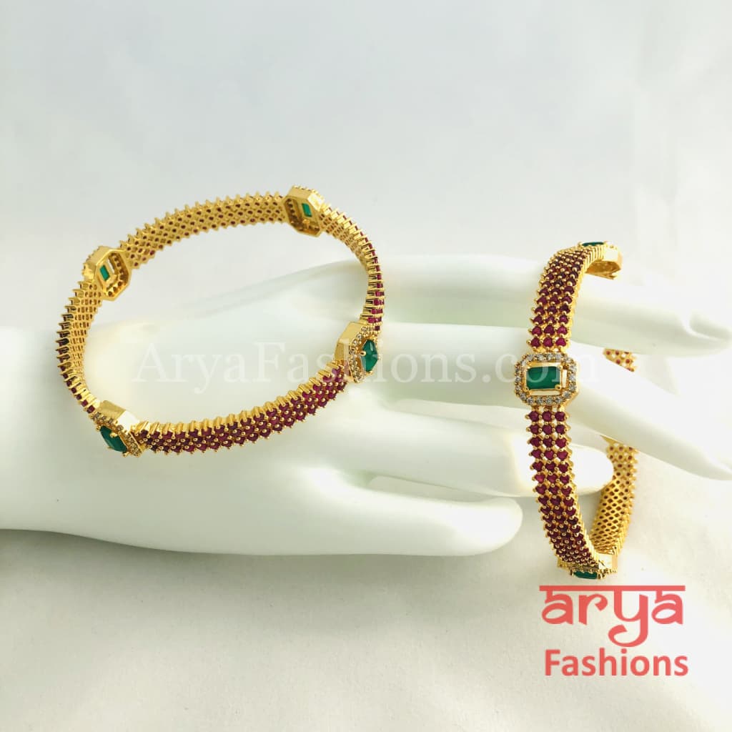 Golden Ruby Emerald Handcrafted Kada Bangles with CZ Stones 2.4,2.6,2.8