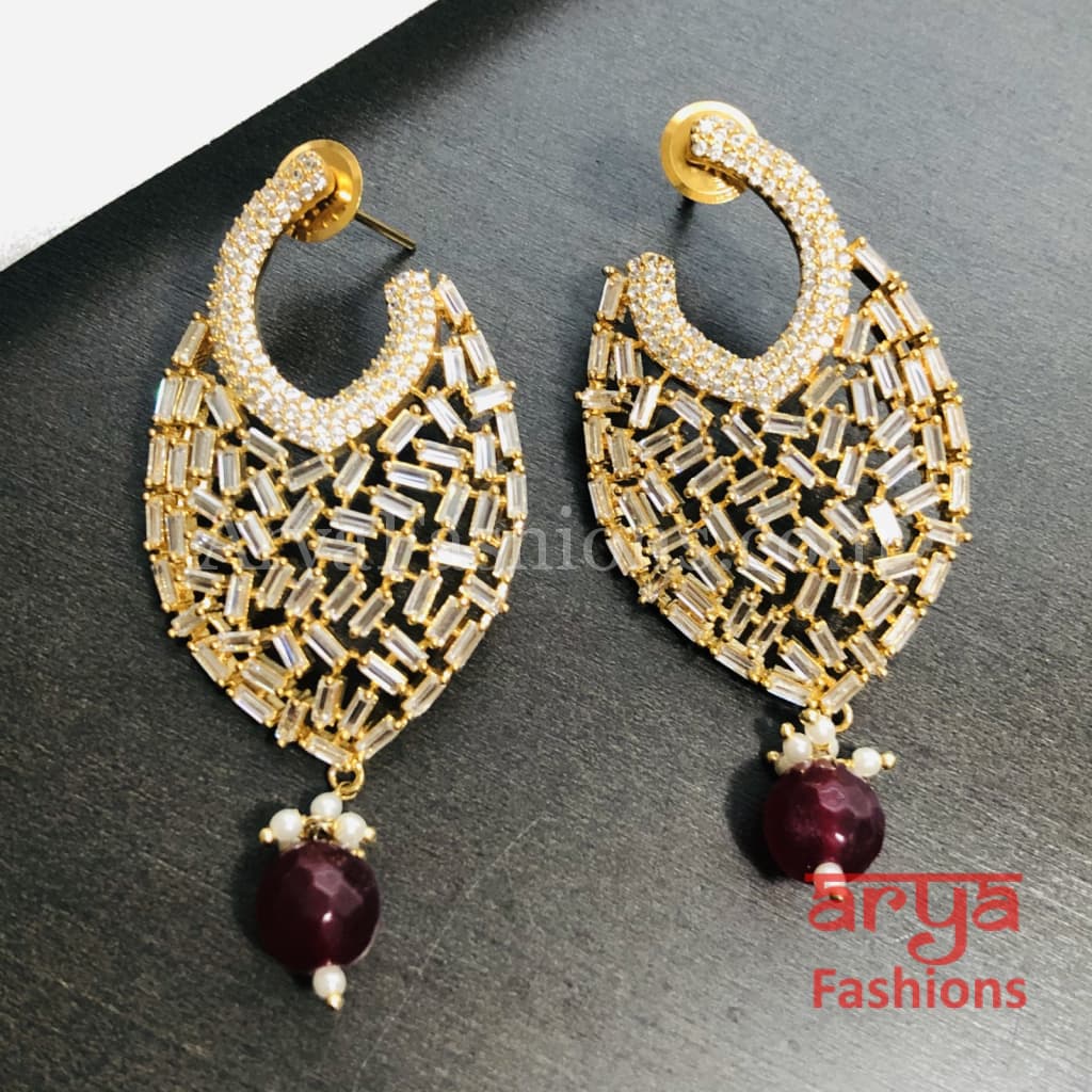 Golden Silver Cubic Zirconia CZ Party Earrings with red beads drop