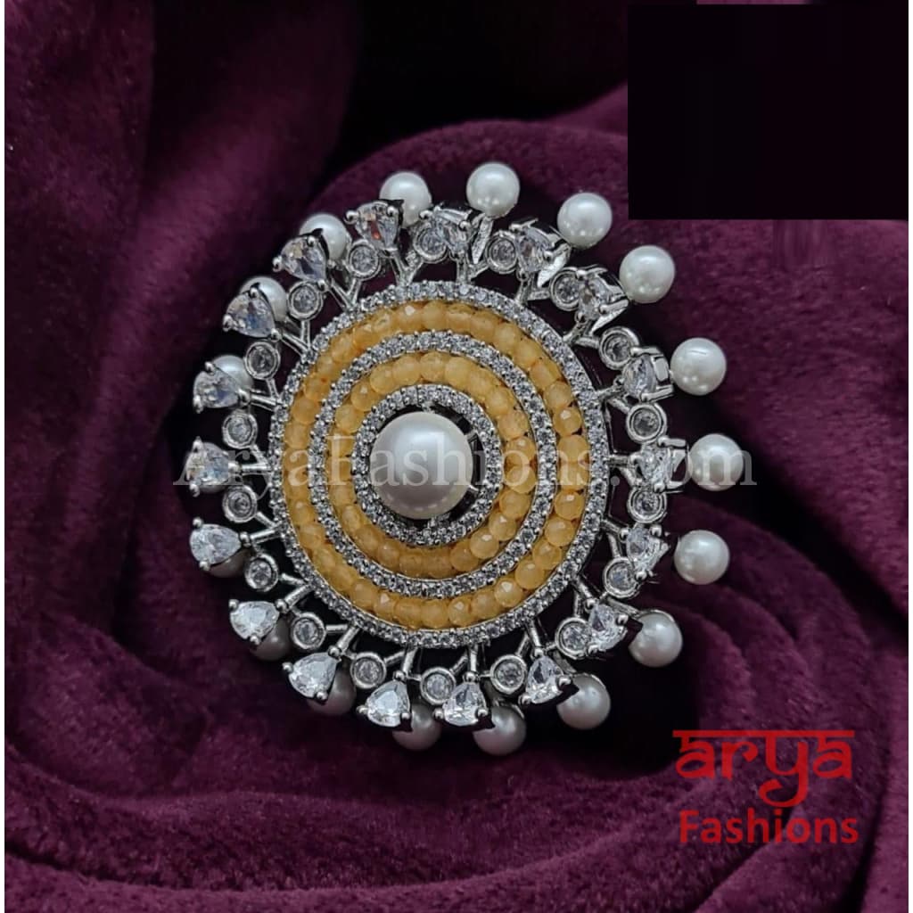 Gray Blue Yellow Pearl Cubic Zirconia Moissanite Statement Ring