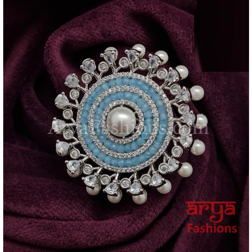 Gray Blue Yellow Pearl Cubic Zirconia Moissanite Statement Ring
