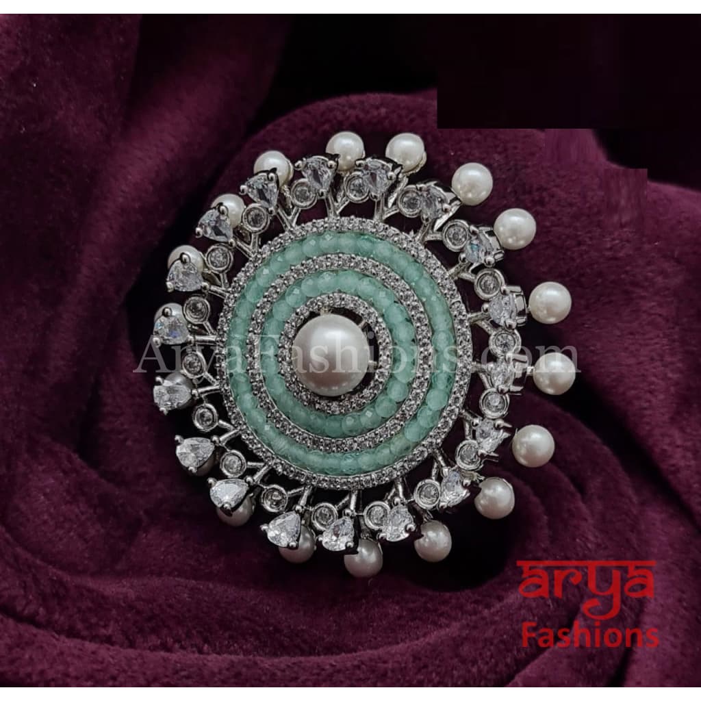 Gray Blue Yellow Pearl Cubic Zirconia Moissanite Statement Ring