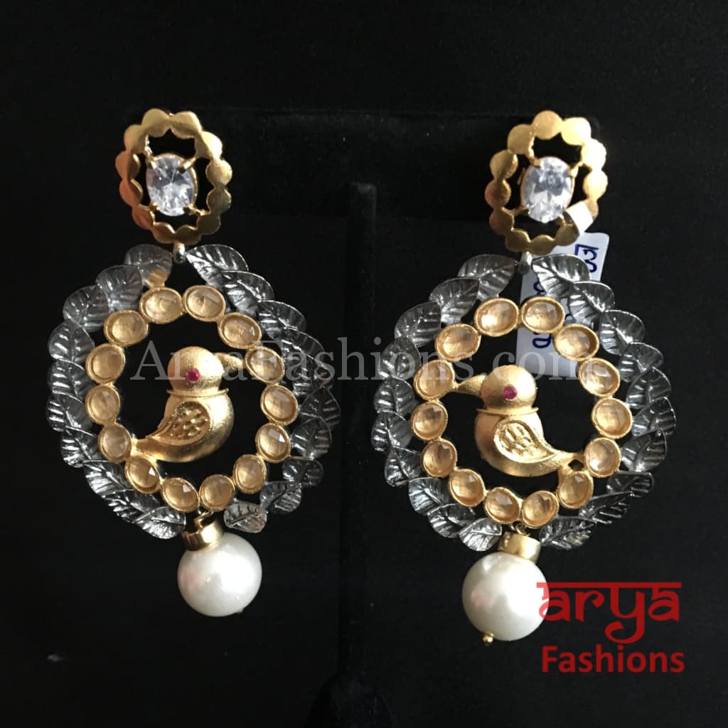 Gray Golden Two Tone Kundan Pearl Bird Earrings