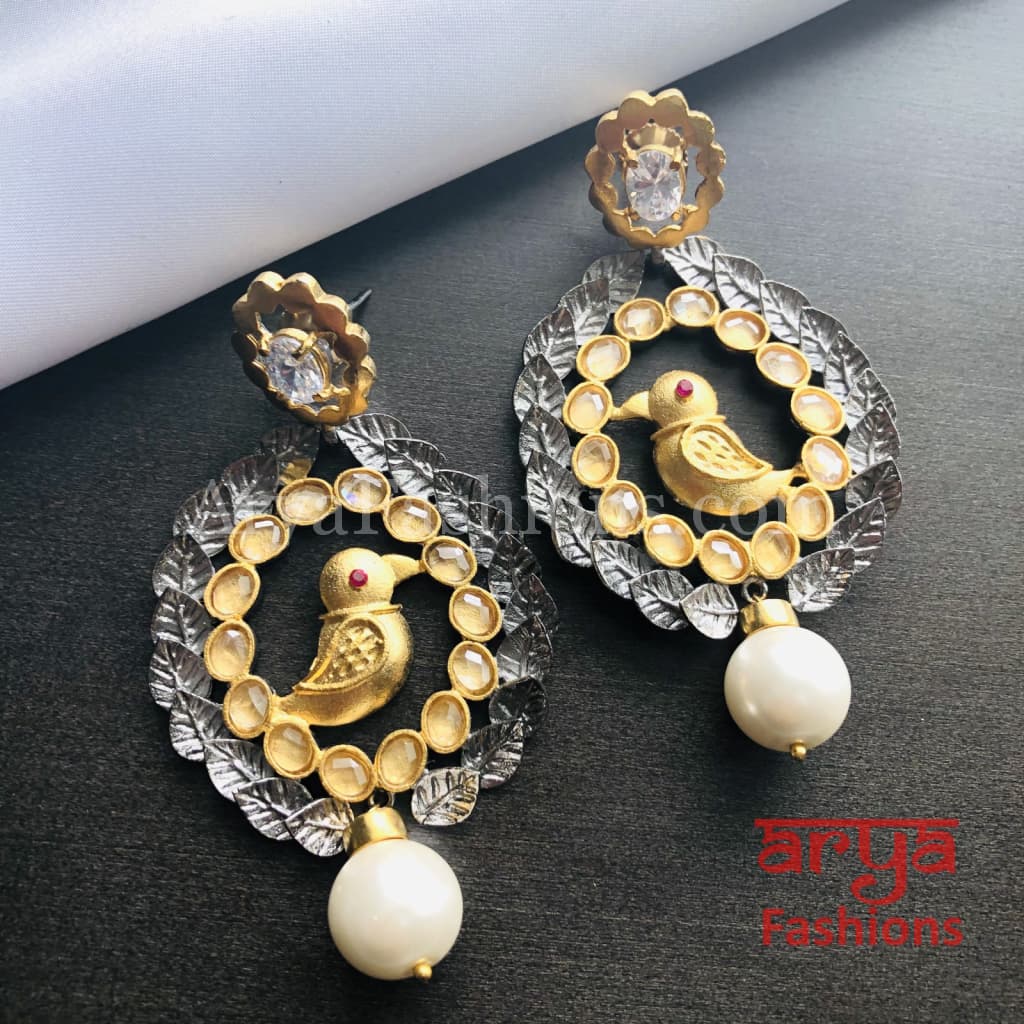 Gray Golden Two Tone Kundan Pearl Bird Earrings