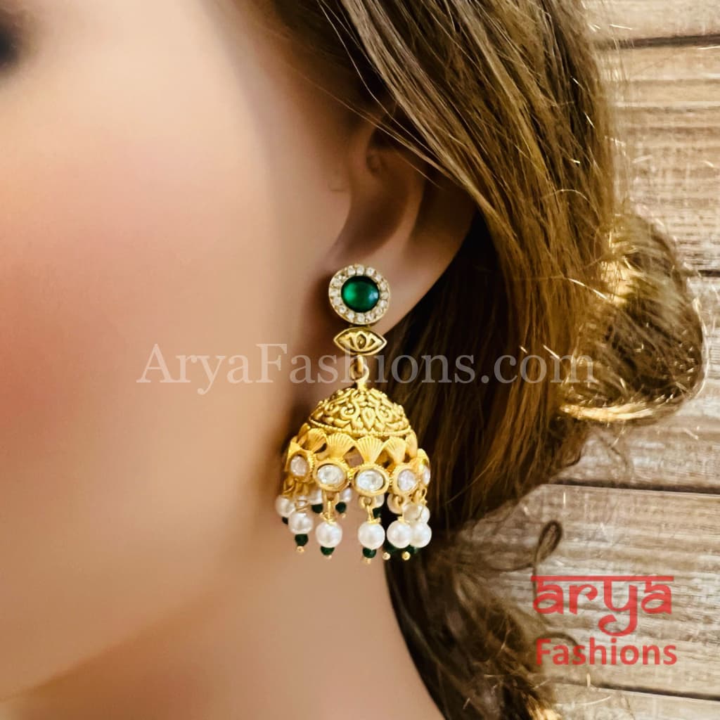Green Pink Antique Golden Pearl Jhumka