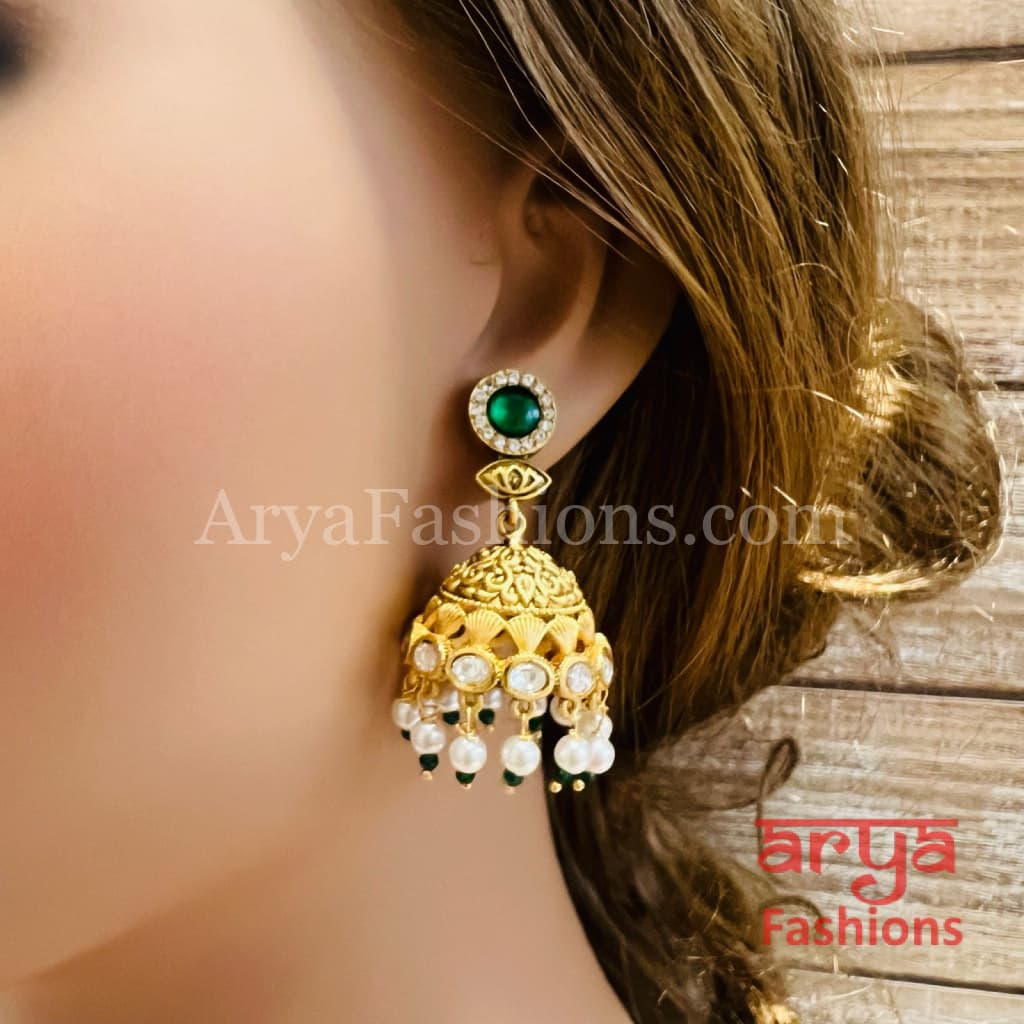 Green Pink Antique Golden Pearl Jhumka