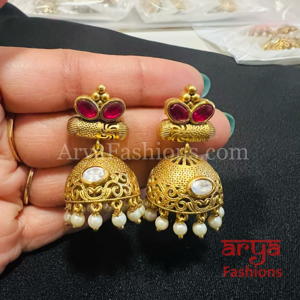 Green Pink Antique Rajwadi Jhumka