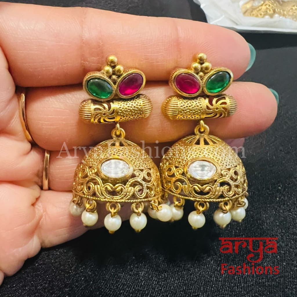 Green Pink Antique Rajwadi Jhumka