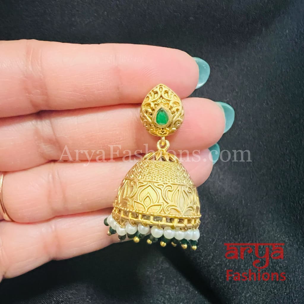 Green Pink Golden Pearl Antique Jhumka