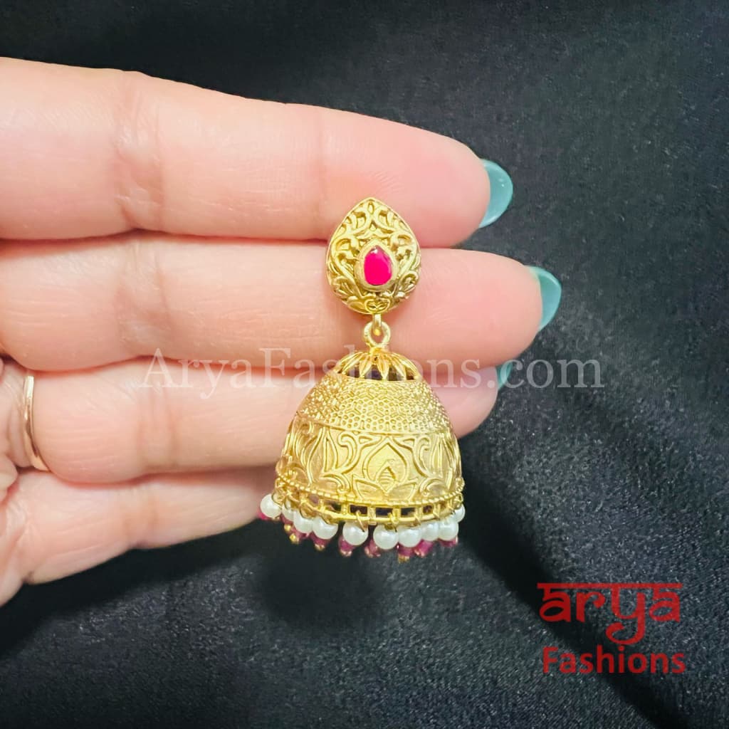 Green Pink Golden Pearl Antique Jhumka