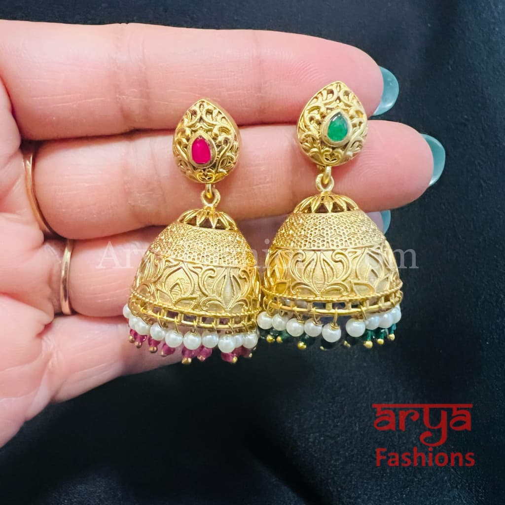 Green Pink Golden Pearl Antique Jhumka