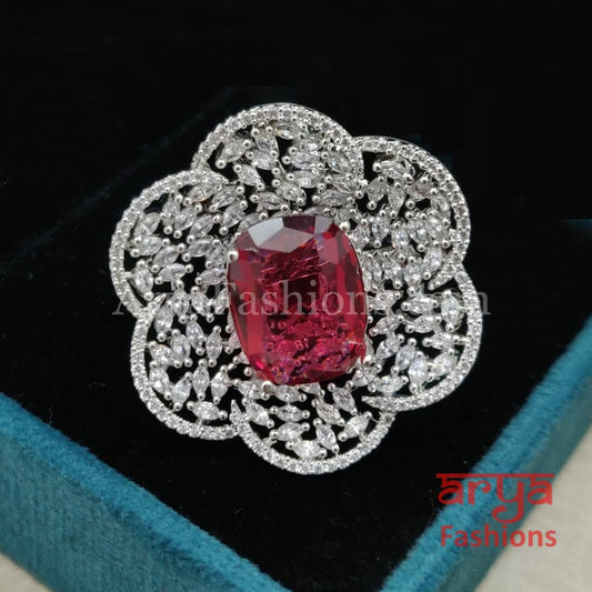 Green Ruby CZ Ring/ Flower Cubic Zirconia Moissanite Stone Statement Ring