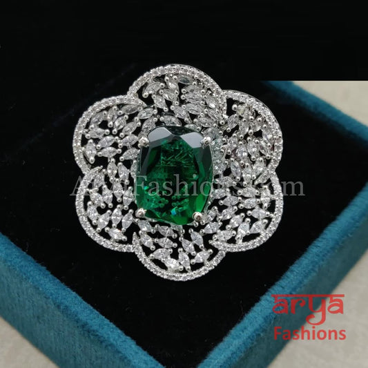 Green Ruby CZ Ring/ Flower Cubic Zirconia Moissanite Stone Statement Ring