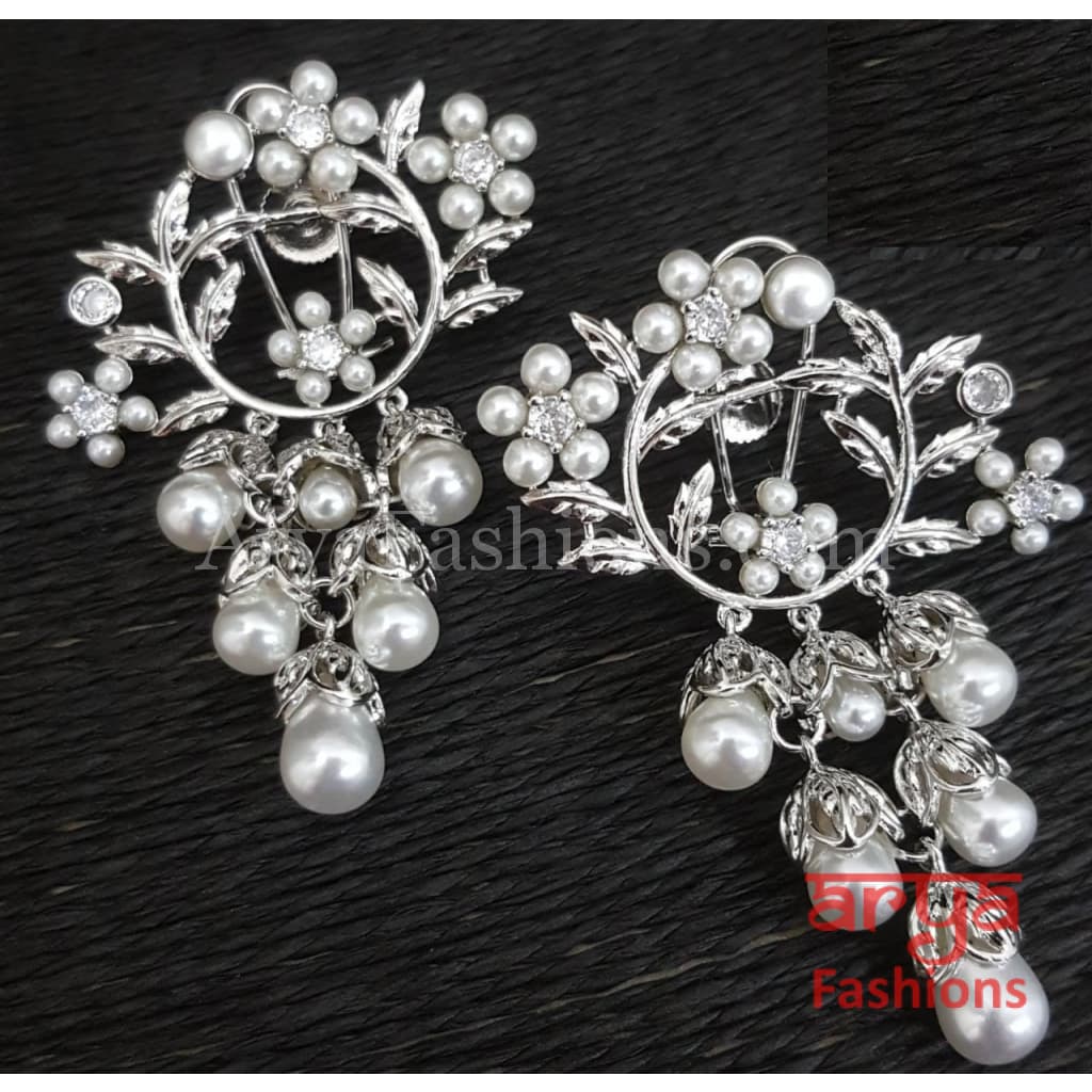 Isha CZ Pearl Silver Rose Gold Chandelier Earrings Designer Fusion Bollywood