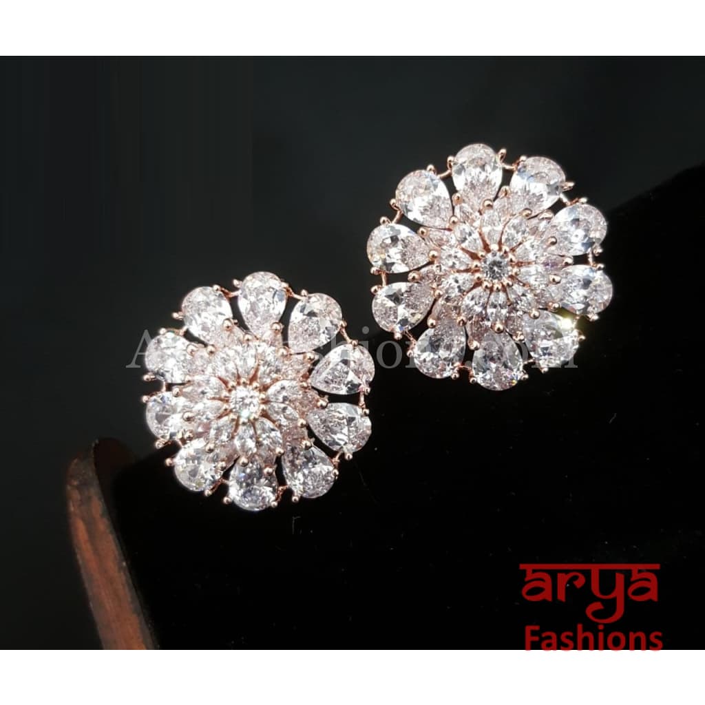 Isha CZ Studs with Silver stones in Rose Gold Finish/ Trendy Bollywood Stud
