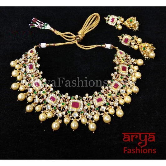 Jadau Bridal Kundan Necklace Set with Pearl Drops