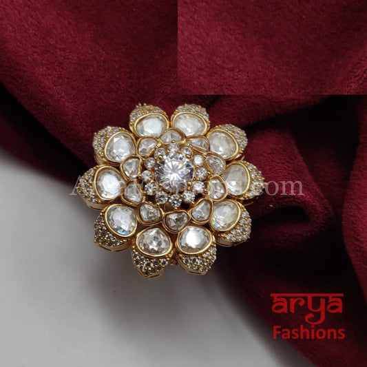 Jadau Flower Kundan Ring with CZ Stones