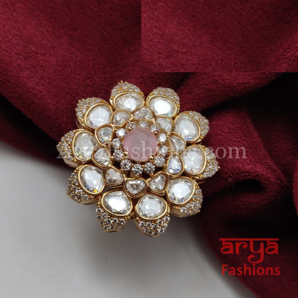 Jadau Flower Kundan Ring with CZ Stones